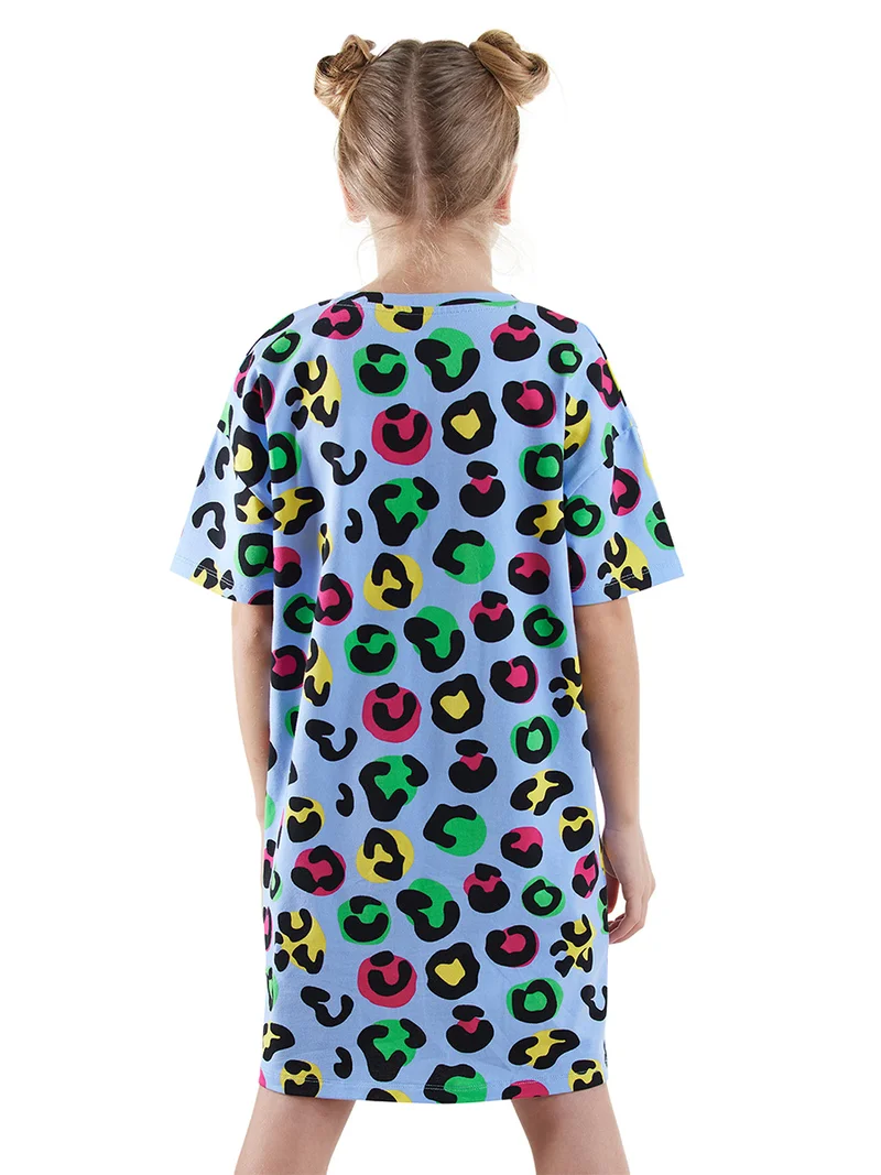 دينوكيدس فستان أزرق فضفاض بطبعة نمر للبنات